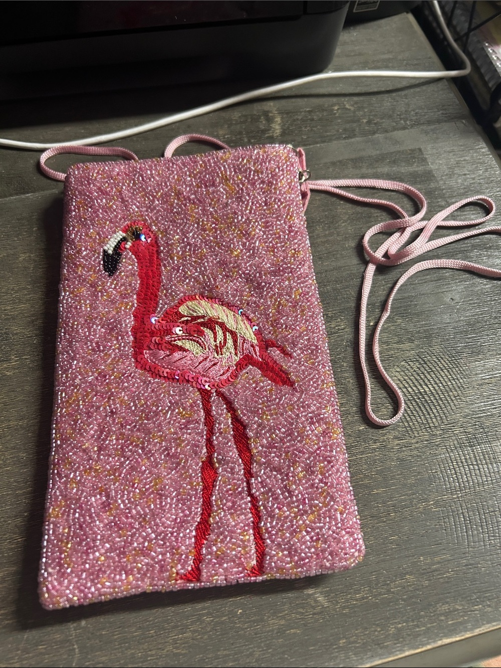 Bamboo Trading Company hand-beaded Flamingo Club Bag in pink